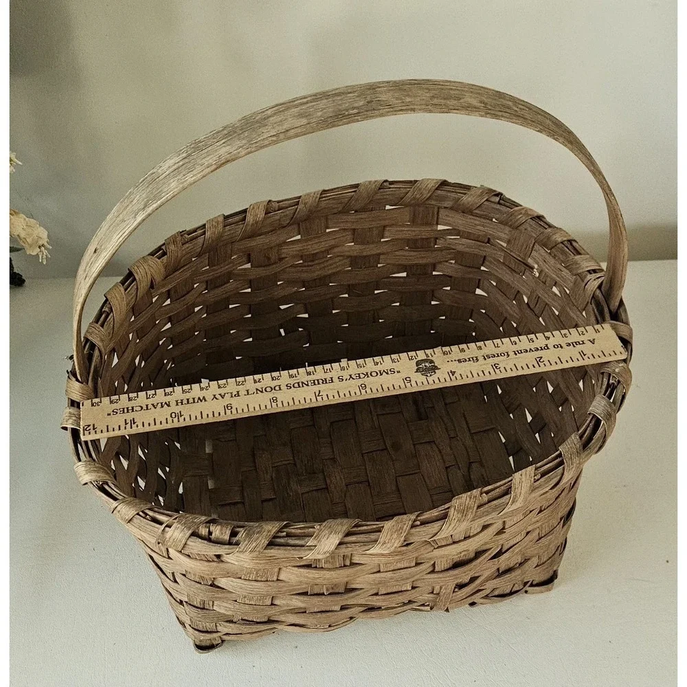 Antique Primitive Woven Split Oak Handle Gathering Basket 12x10